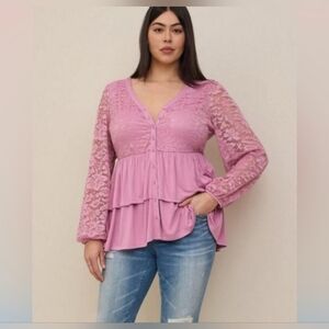 Torrid super soft lavender baby doll button up blouse lace sleeves stretch 4x